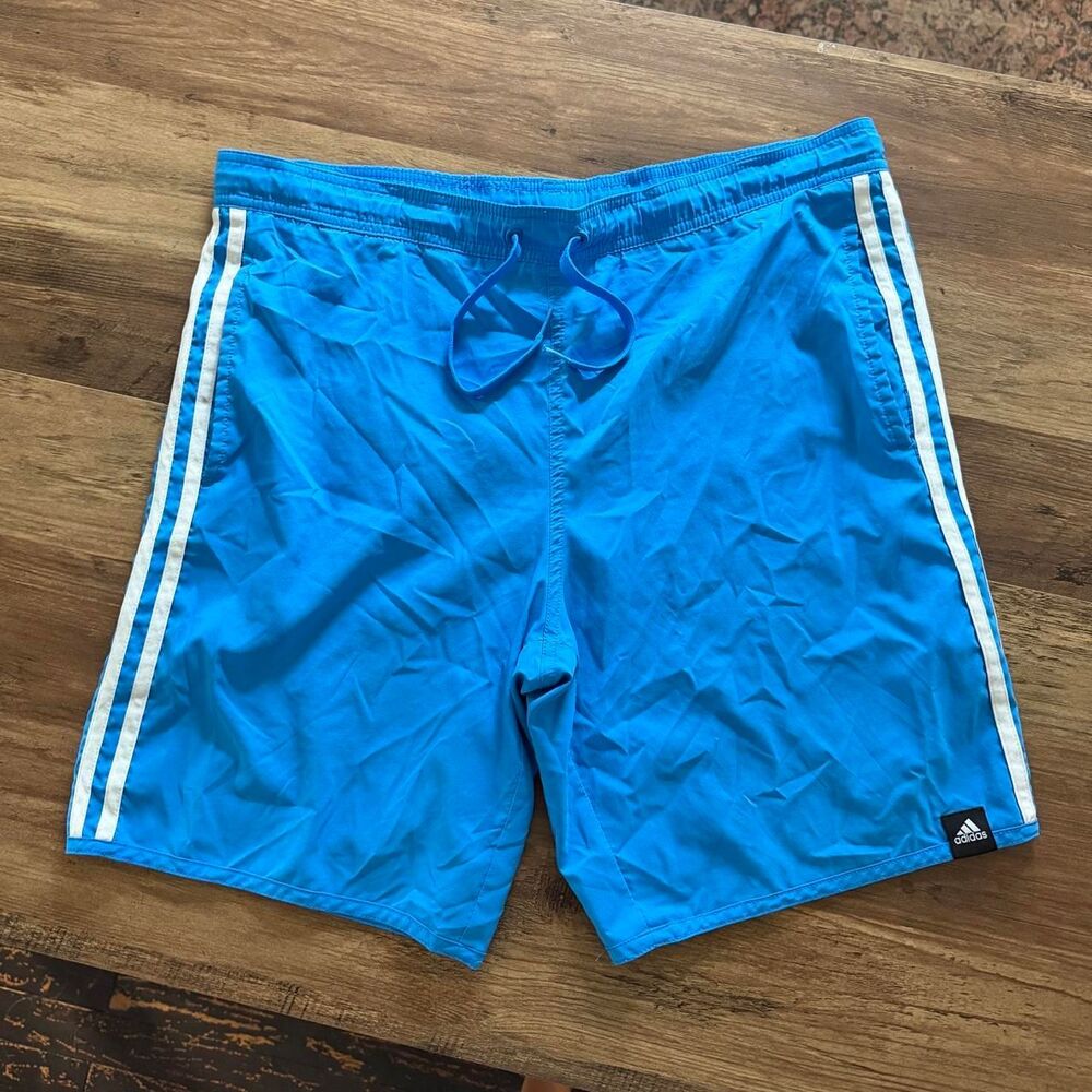 Adidas blue stripe swim shorts